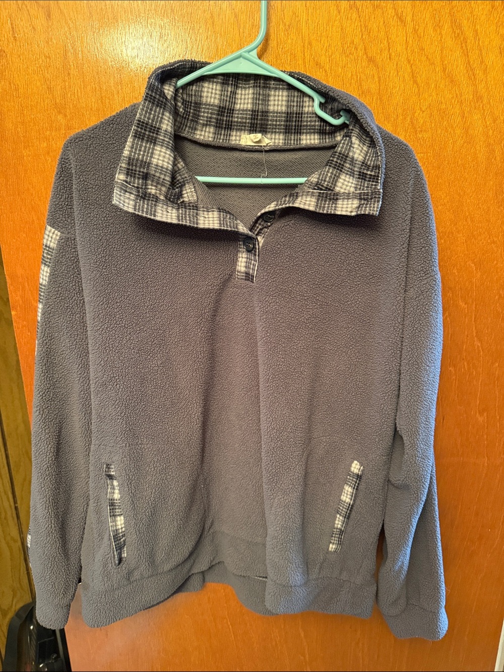 Hem & Thread Gray Fleece Pullover with Plaid Trim